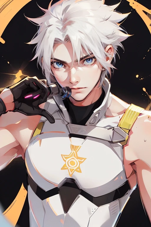 1 male (tall man, slim, manly, dominate,  white messy hair, yellow eyes, tough, wearing a sci-fi space outfit.) best quality, ultra-detailed, illustration, complex, detailed, extremely detailed, detailed face, soft light, soft focus, perfect face, illustration, full body.
