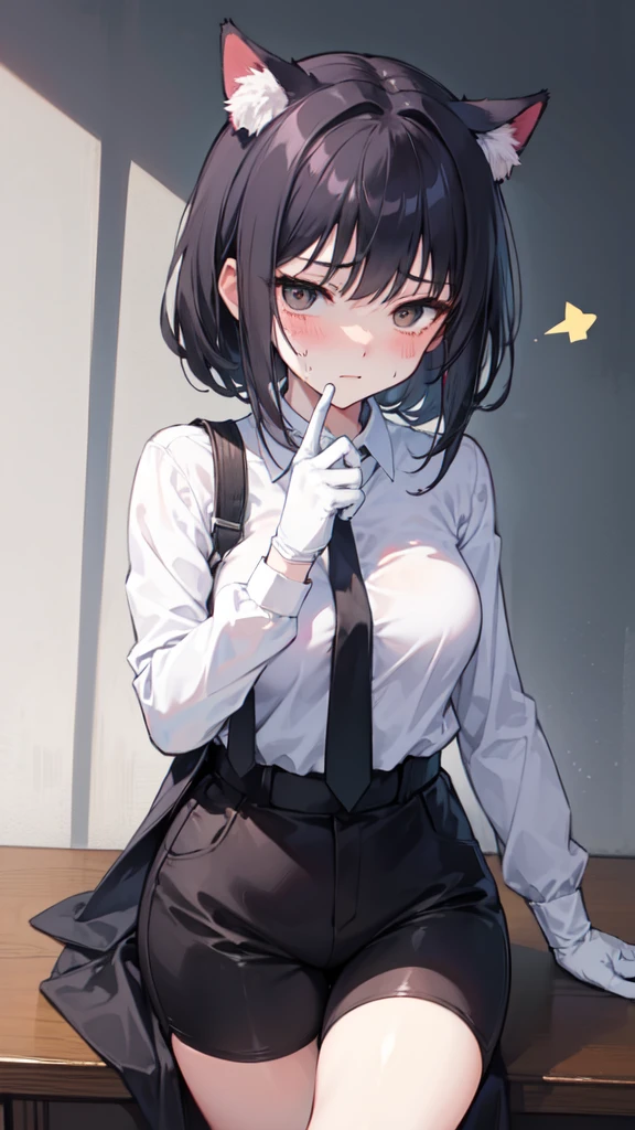 18-year-old girl，cute，Wear a white long-sleeved shirt and a black work tie，Wear black pants，Wear black booties，Wear white gloves，wear cat ear，Wearing a collar，Black hair，Black eyes，Very thin waist，Very thin legs，Handsome，Disdainful and cold expression，shy，blush，scared，Sweating，tired，Outflow semen，Is giving sexual assault，Glove removal action，pornography，Very enjoyable expression