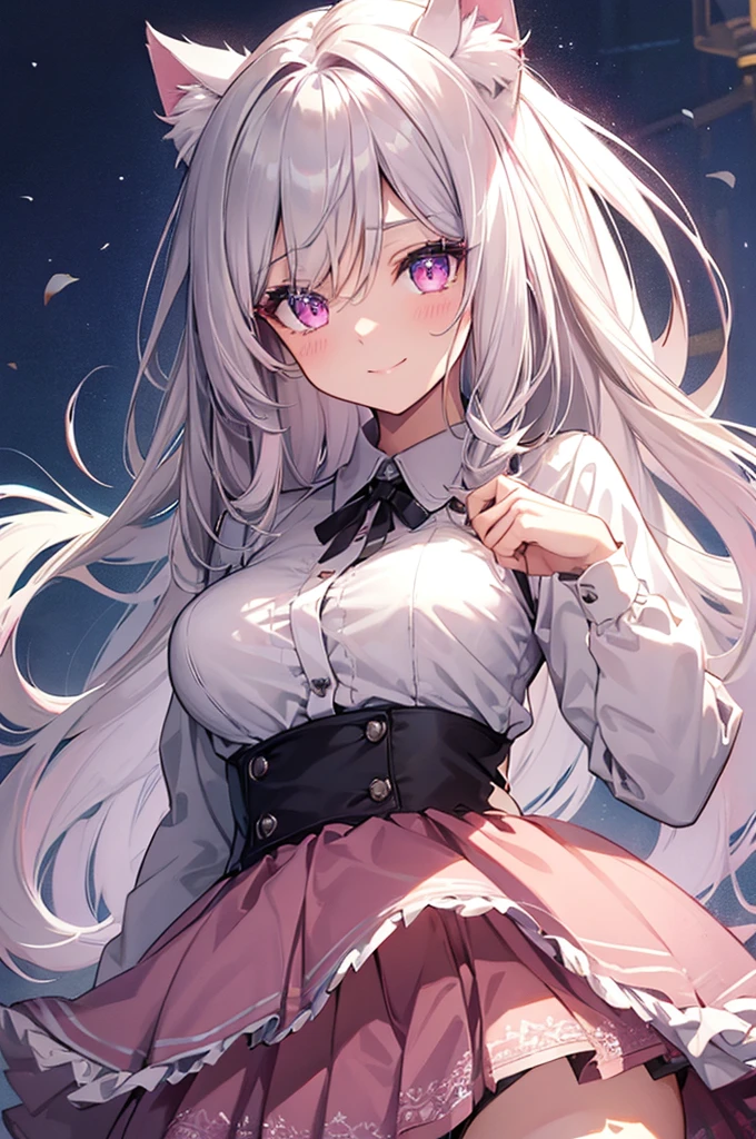Highly detailed face,fine grain,Sparkling eyes,Highlighted eyes,Medium chest,pretty girl, bewitching smile,Longing eyes,Cat ear, Beautiful silver hair,Pink inside,Beautiful pink eyes,Oversized shirt,skirt
