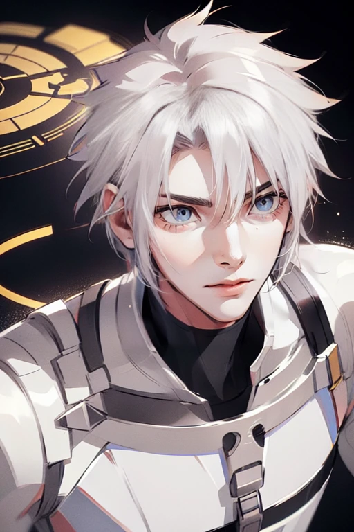 1 male (tall man, slim, manly, dominate,  white messy hair, yellow eyes, tough, wearing a sci-fi space outfit.) best quality, ultra-detailed, illustration, complex, detailed, extremely detailed, detailed face, soft light, soft focus, perfect face, illustration,