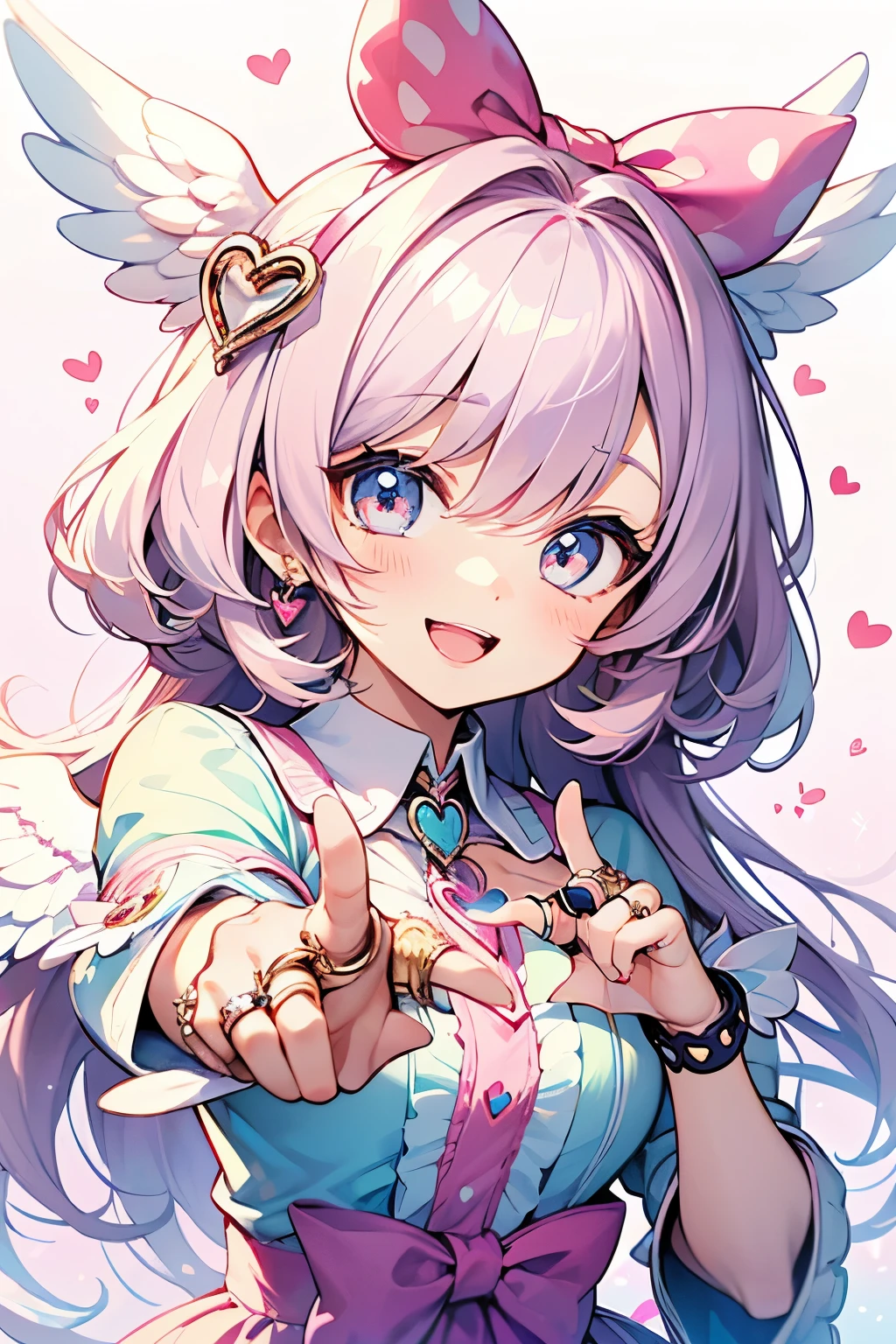 chibi character,Angel motif,(brush),((cute,kawaii,wonderland)),((pastel color)),((Cute assortment)),(A big smile with an open mouth),((hand heart:1.1)),((Angel Ring:1.3)),Shiny hair,(Natural Color),((Angel:1.2)),(Fairytale:1.25).