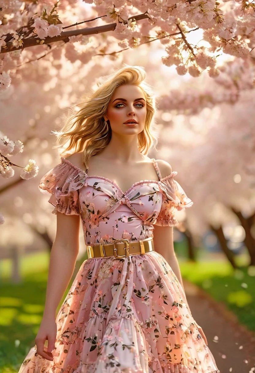 A beautiful sensual curvy blonde tween wearing a sweet Pink  Contrast Mesh, Ruffle Hem, All Over cherry blossoms Print, A Line, Short puff Sleeves, Sweetheart neckline, thin gold belt with tiny heart buckle, High Waist,Flounce hem Long gown, very long curling hair, cute, sweet, town picnic, warm  atmosphere, pretty, pretty lighting, 8k, octane render, detailed, detailed background, 35mm, realistic, photorealistic, perfect face, cherry blossoms barrettes in hair, freckles, risqué poses, ((American face)), American, ((Billie Eillish))