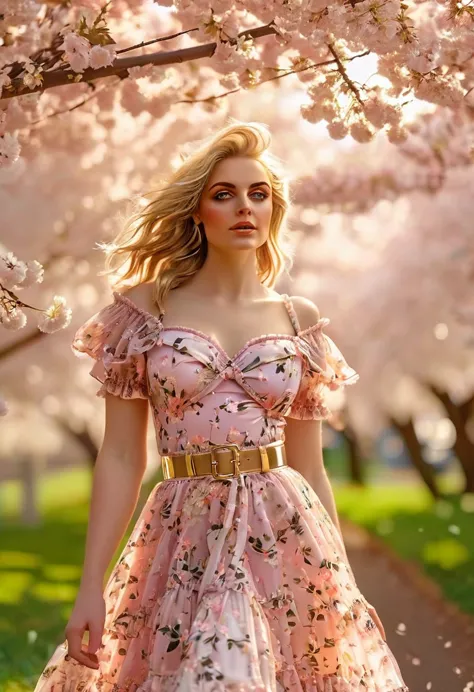 A beautiful sensual curvy blonde tween wearing a sweet Pink  Contrast Mesh, Ruffle Hem, All Over cherry blossoms Print, A Line, ...