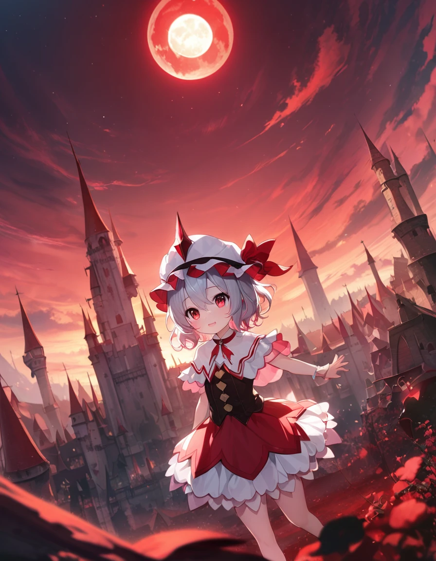 (Remilia Scarlet), loli, skirm, growing red eyes, red full moon, blight red sky, dynamic angle, a castle in background, 8k wallpaper, glowify, more_details:1