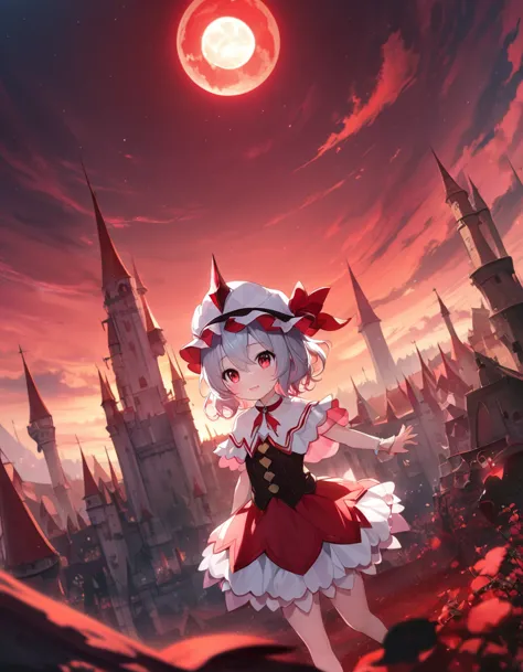 (Remilia Scarlet), loli, skirm, growing red eyes, red full moon, blight red sky, dynamic angle, a castle in background, 8k wallp...