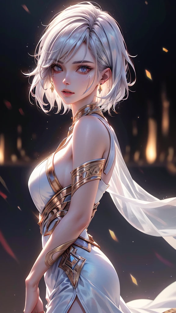 a mature woman with extremely short white hair, wearing a long white skirt, long facial features, long face shape, high heels, (best quality,4k,8k,highres,masterpiece:1.2),ultra-detailed,(realistic,photorealistic,photo-realistic:1.37),detailed facial features,detailed skin texture,detailed clothing folds,cinematic lighting,dramatic lighting,warm color tones,elegant,photographic,intricate details