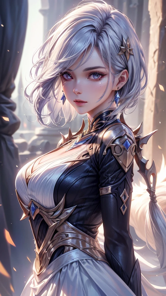 a mature woman with extremely short white hair, wearing a long white skirt, long facial features, long face shape, high heels, (best quality,4k,8k,highres,masterpiece:1.2),ultra-detailed,(realistic,photorealistic,photo-realistic:1.37),detailed facial features,detailed skin texture,detailed clothing folds,cinematic lighting,dramatic lighting,warm color tones,elegant,photographic,intricate details