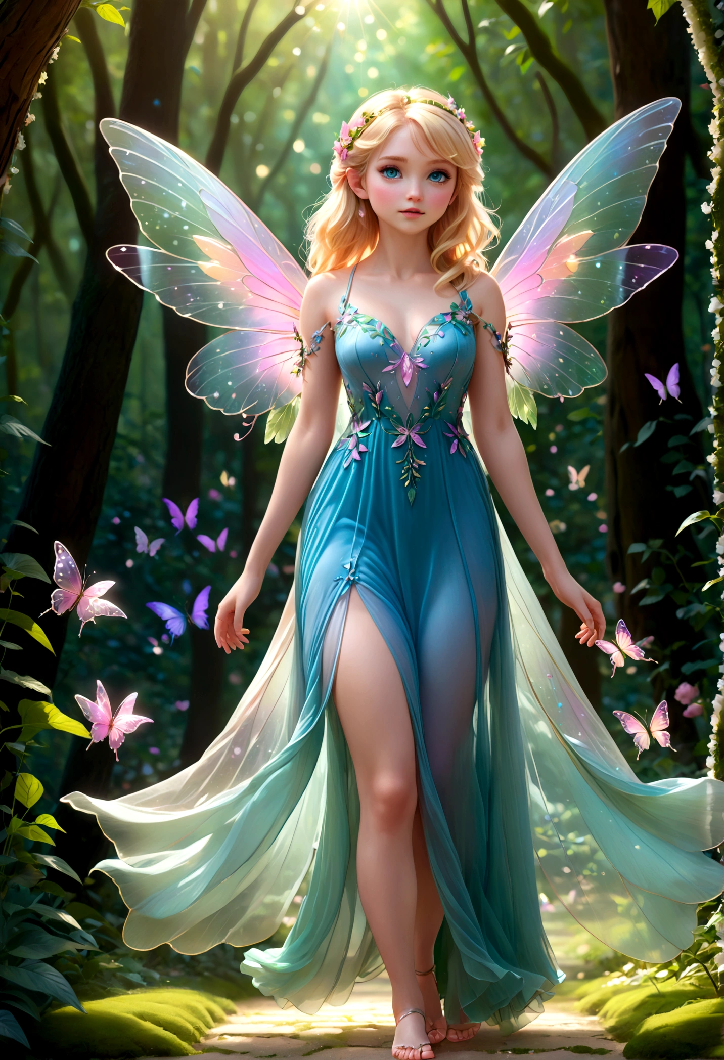 Full body shot of (a stunning fairy) with {blonde} hair and with cute face, beautiful innocent green eyes, (((delicate transparent big colorfull wings))), (fairy forest bokeh),wearing a long, transparent silk light blue and light pink dress,  delicate feet walking thru a flowery path, perfect composition, hyperrealistic, super detailed, 8k, high quality, trending art, trending on artstation, sharp focus, studio photo, intricate details, highly detailed, by greg rutkowski