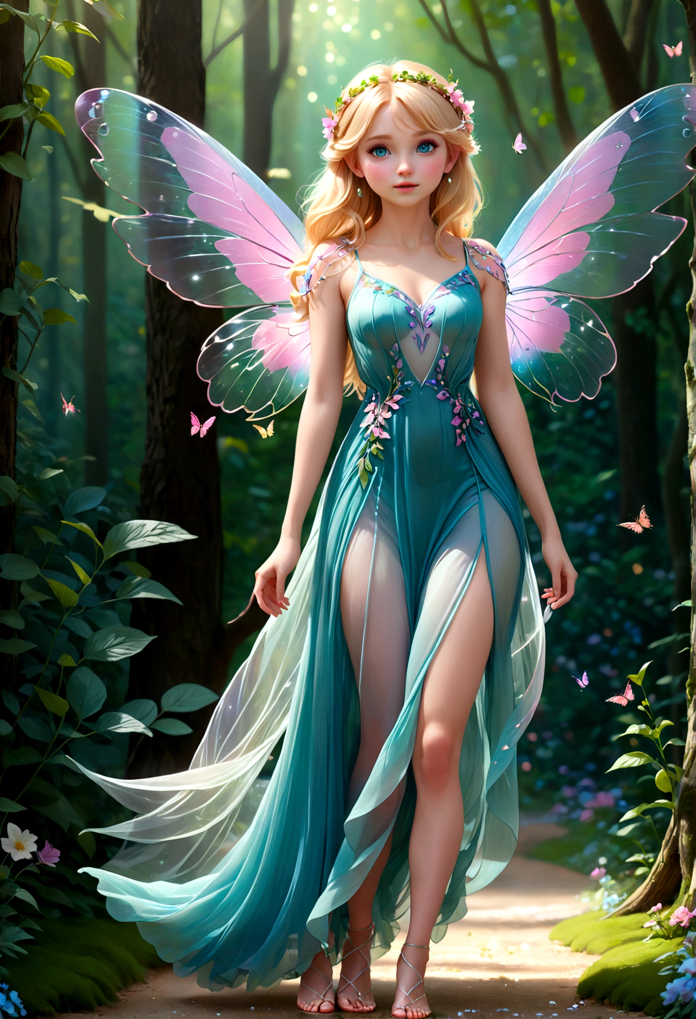 Full body shot of (a stunning fairy) with {blonde} hair and with cute face, beautiful innocent green eyes, (((delicate transparent big colorfull wings))), (fairy forest bokeh),wearing a long, transparent silk light blue and light pink dress,  delicate feet walking thru a flowery path, perfect composition, hyperrealistic, super detailed, 8k, high quality, trending art, trending on artstation, sharp focus, studio photo, intricate details, highly detailed, by greg rutkowski