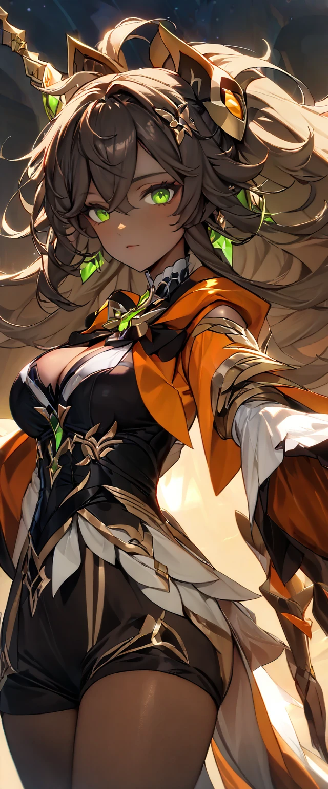 (masterpiece), best quality, expressive eyes, perfect face,1girl,score_9,score_8_up,score_7_up, arm_behind_back, brown_hair, cropped_legs, dark-skinned_female, detached_sleeves, green_eyes,brown hair, grey hair streak, hair_ornament, highres, looking_at_viewer, female_focus, multicolored_hair, open_hand, orange_cape, sethos_\(genshin_impact\), solo, tassel,long_hair, big breasts,cleavage,cowboy shot,desert palace,(magical girl:1.4),magical girl costume,looking at viewer