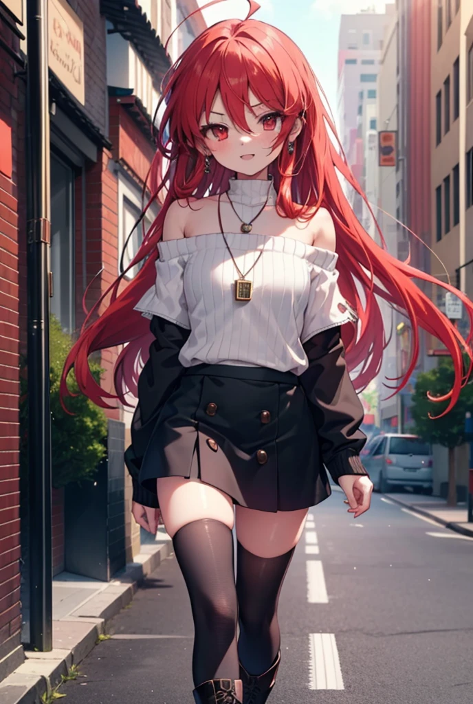 Shana,灼眼のShana,Long Hair, Red Hair, Red eyes,Ahoge,happy smile, smile, Open your mouth,Oversized off-the-shoulder sweater,Bare shoulders,bare clavicle,Bare neck,Locket Necklace,black long skirt,short boots,Daytime,sunny,Walking,whole bodyがイラストに入るように, break outdoors, Building district, break looking at viewer, whole body, break (masterpiece:1.2), Highest quality, High resolution, unity 8k wallpaper, (shape:0.8), (Beautiful attention to detail:1.6), Highly detailed face, Perfect lighting, Highly detailed CG, (Perfect hands, Perfect Anatomy),