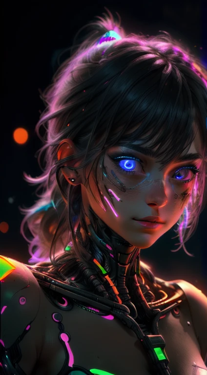 a detailed portrait of a cyberpunk girl, intricate facial features, beautiful eyes, delicate lips, cybernetic enhancements, neon-lit cityscape background, dramatic lighting, highly detailed, photorealistic, cinematic, 8k, masterpiece