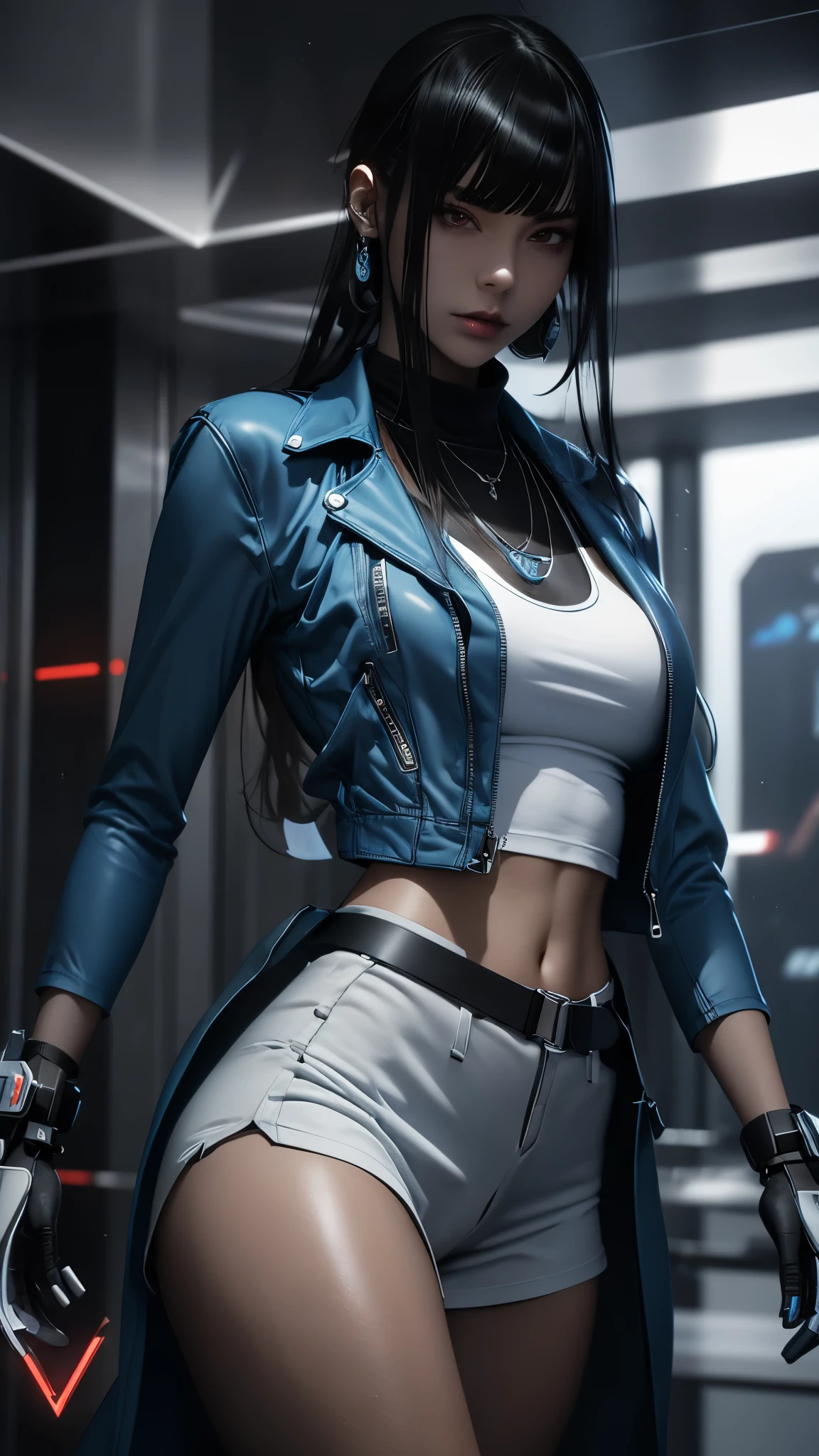 Prepare to be amazed by this unique 3D rendering of a female character, with a futuristic aesthetic that will transport you to another world. Her blue jacket and white tank top are just the beginning, as her visible gadget on her hip showcases her advanced technology and sets her apart from the rest.