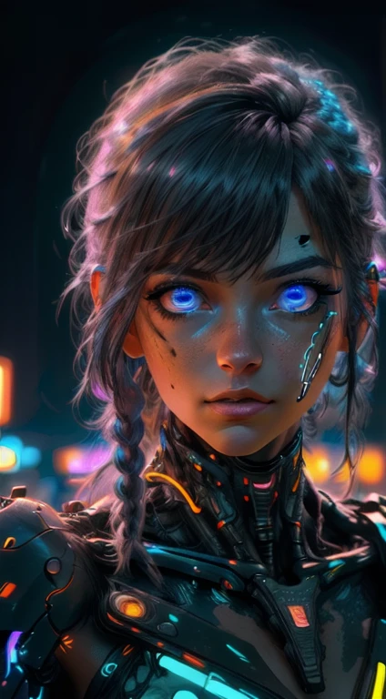 a woman cyberpunk girl, beautiful detailed eyes, beautiful detailed lips, extremely detailed face and features, long eyelashes, blue glowing cybernetic armor, neon cyberpunk city landscape background, cinematic lighting, photorealistic, 8k, masterpiece, (best quality:1.2), (realistic:1.37), hyper detailed, intricate details, dynamic pose, dramatic lighting