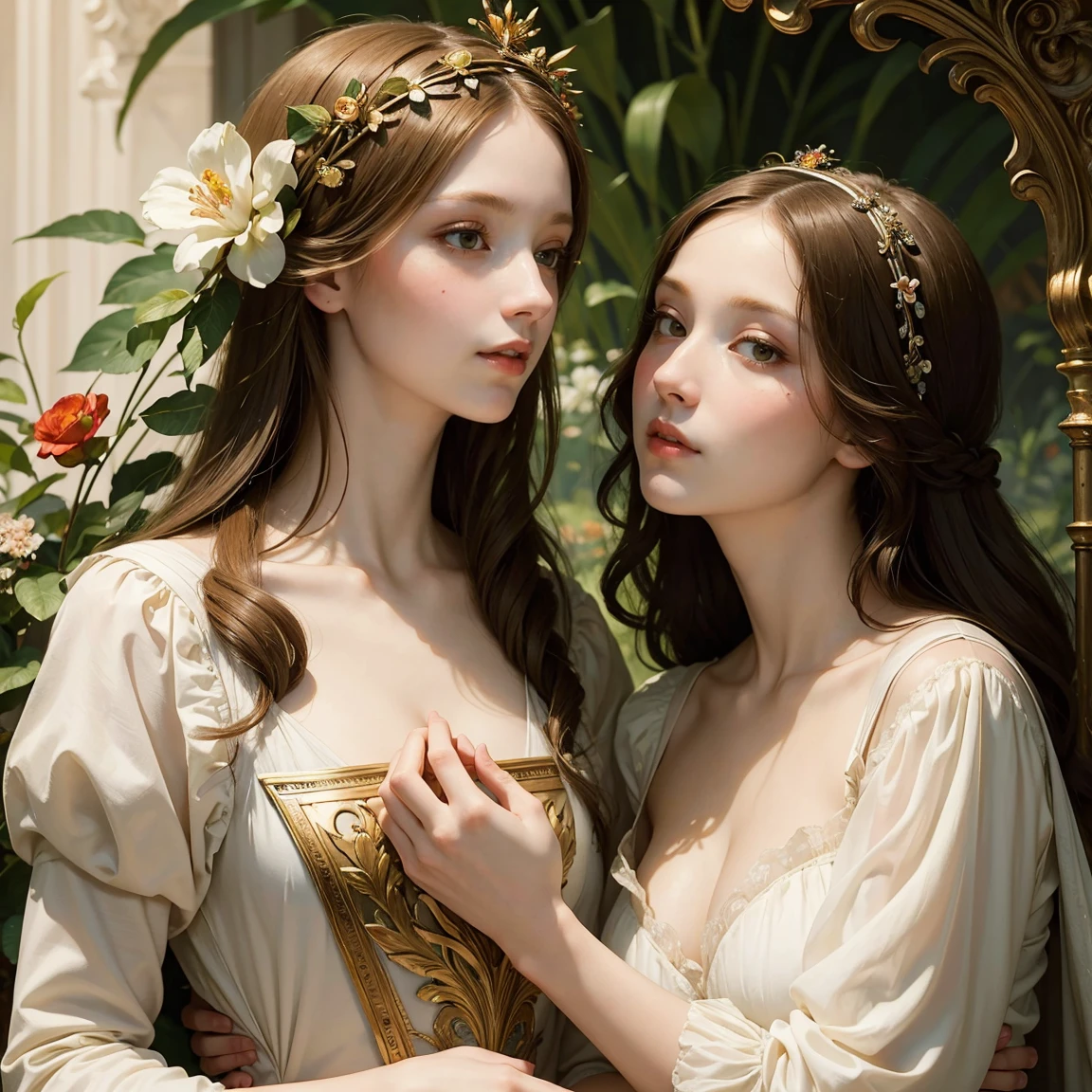 (masterpiece, best quality:1.5), oil painting by Leonardo da Vinci and Alfons Maria Mucha, perfect anatomy, two gorgeous and stunning pale-skinned young pregnant goddesses is deeply in love with each other, kiss, fantastic make-up, jewelry, flower