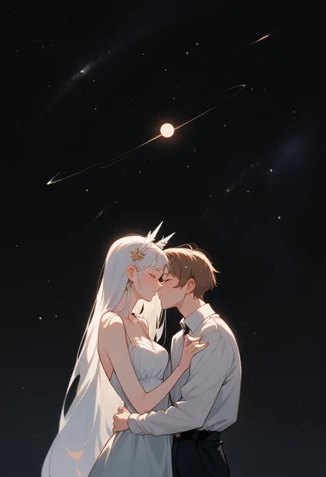 they are поцелуи in front of a galaxy ночью, поцелуи together cutely, couple поцелуи, they are in love, taken at night, space in...