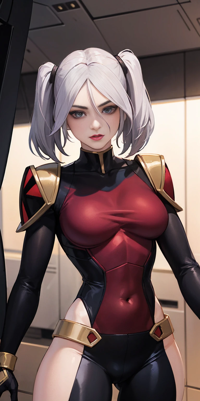 highly detailed, best quality, photography, Rogue from X-men, absurdness, beautiful face (detailed eyes, deep eyes) 1woman, brown and white hair, twin tails, magenta eyes, short, wide hips, curvy, toned muscles (n7armor) inside a spaceship