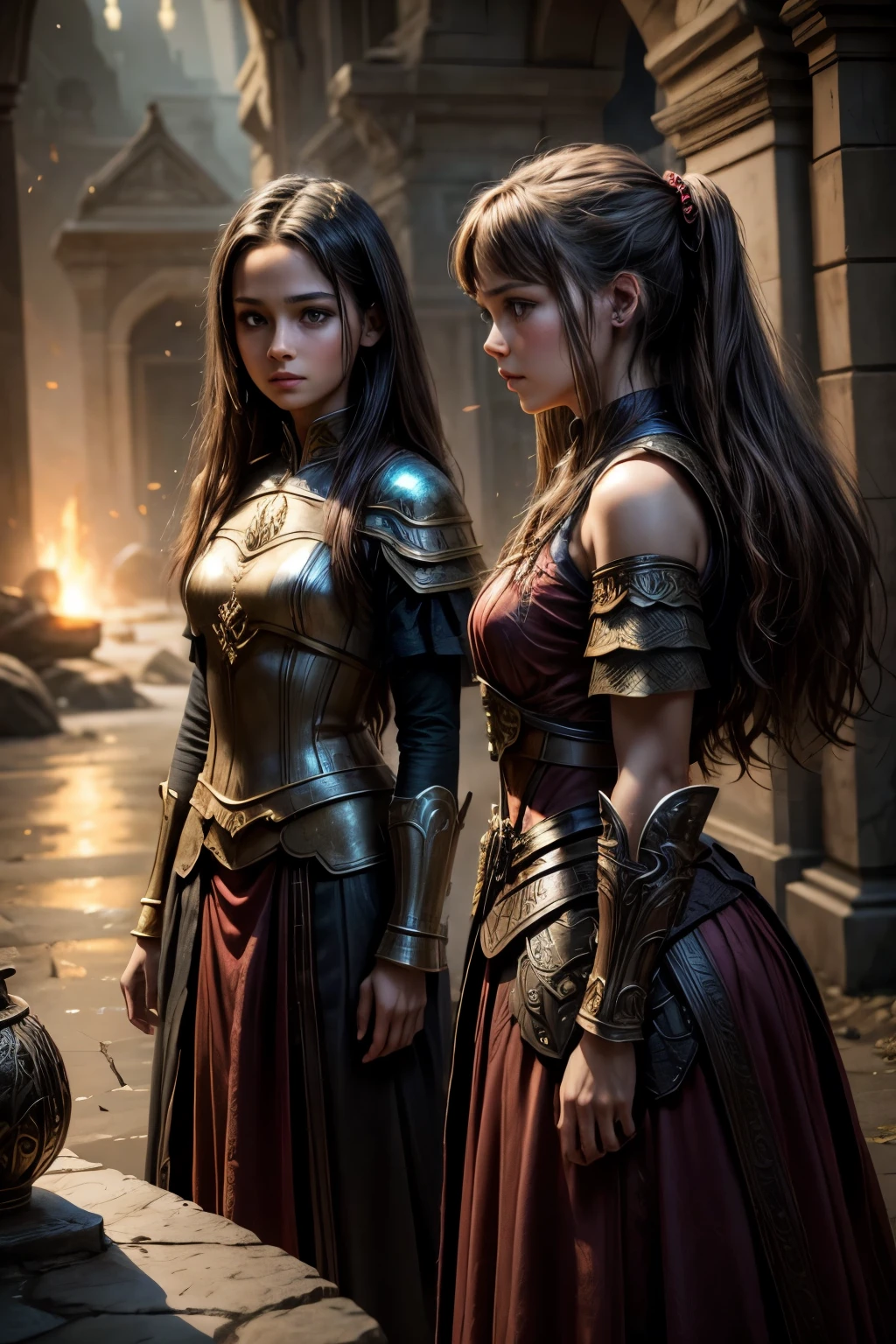 two sisters 15 years old and 13 years old, highly detailed, vibrant colors, dramatic lighting, fantasy art style, digital painting, cinematic composition, epic scale, masterpiece, award winning, warrior dress, 8k, photorealistic