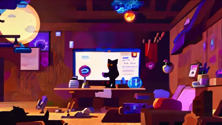 black cat using headphones while studying at night in his super decorated and dark room, with just the moonlight