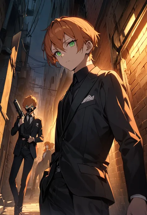 beautiful eyes、orange hair、green eyes、ハイライトのbeautiful eyes、evening、dark back alley、holding a gun、pistol、black suit、long sleeves ...