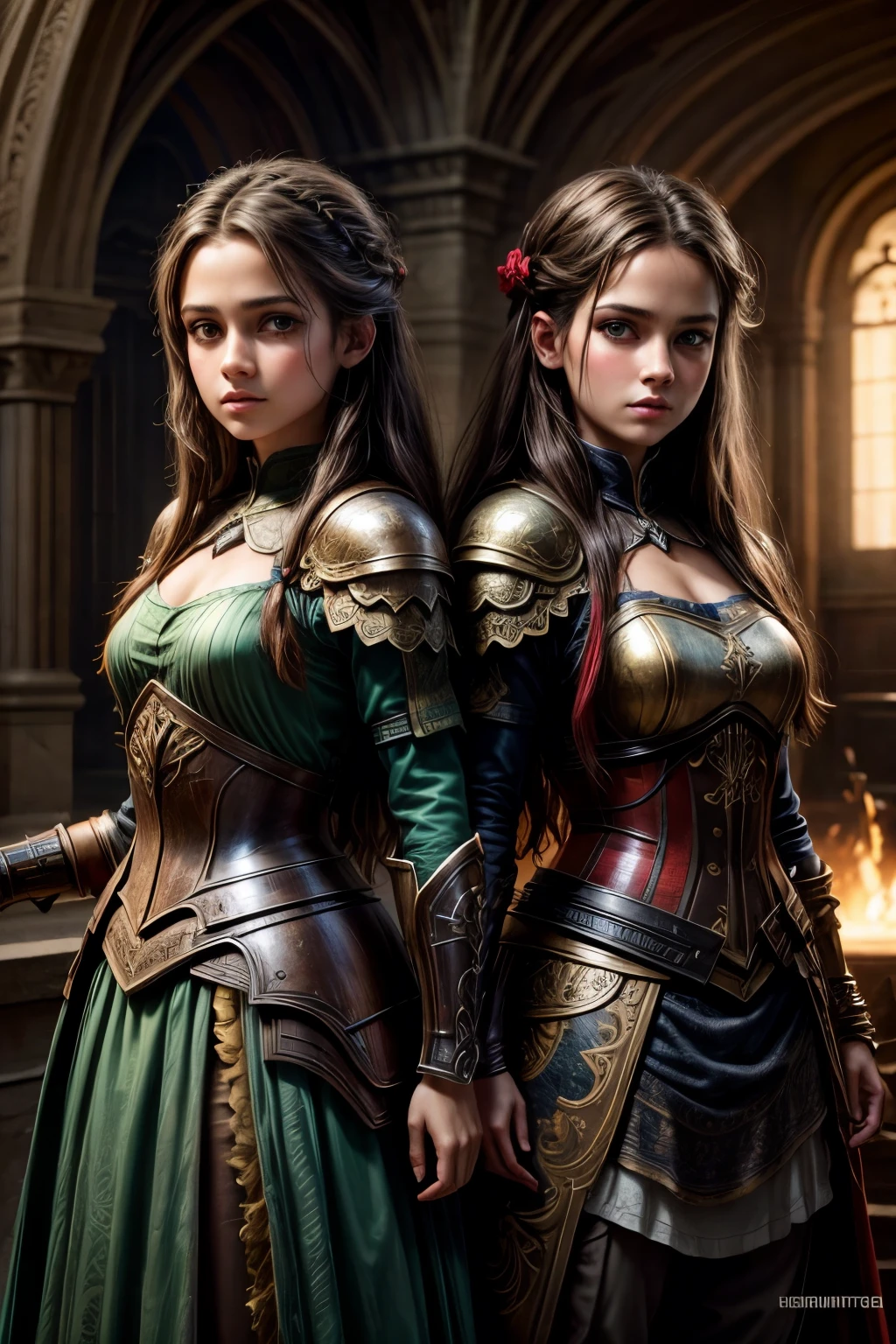 two sisters 15 years old and 13 years old, highly detailed, vibrant colors, dramatic lighting, fantasy art style, digital painting, cinematic composition, epic scale, masterpiece, award winning, warrior dress, 8k, photorealistic