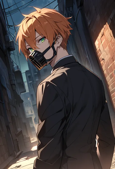 one man、beautiful eyes、orange hair、green eyes、ハイライトのbeautiful eyes、evening、dark back alley、holding a gun、pistol、black suit、long ...