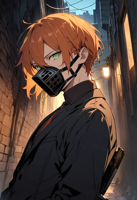 one man、beautiful eyes、orange hair、green eyes、ハイライトのbeautiful eyes、evening、dark back alley、holding a gun、pistol、black suit、long ...