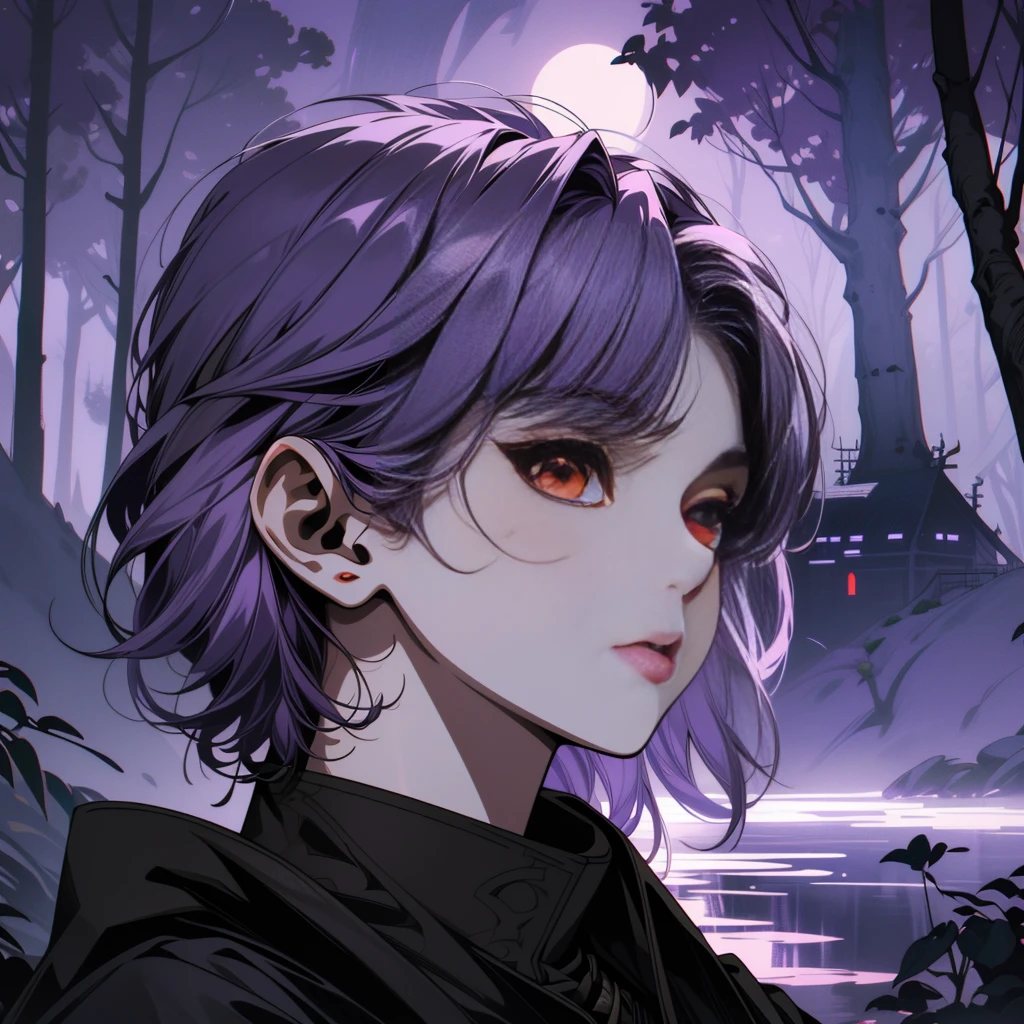 ((ultra detailed, Masterpiece, absurdities))
 DOAayane, 1 girl, Alone, short hair, Red eyes, extensive purple hair, Dark luxurious castle at twilight, dynamic moonlight, Creepy shadows, nervous forest atmosphere, Detailed foliage and trees. 