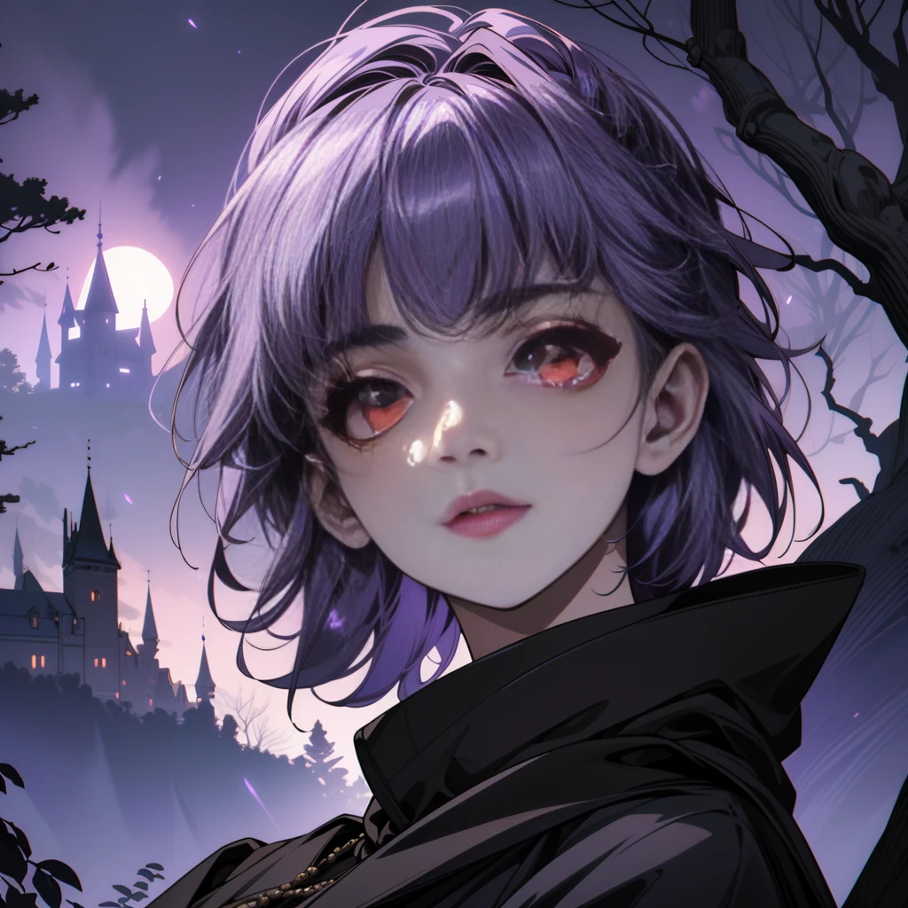 ((ultra detailed, Masterpiece, absurdities))
 DOAayane, 1 girl, Alone, short hair, Red eyes, extensive purple hair, Dark luxurious castle at twilight, dynamic moonlight, Creepy shadows, nervous forest atmosphere, Detailed foliage and trees. 