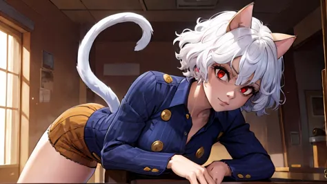 neferpitou, neferpitou, short hair, (red eyes:1.5), animal ears, hair between eyes, tail, white hair, cat ears, cat tail, cat gi...