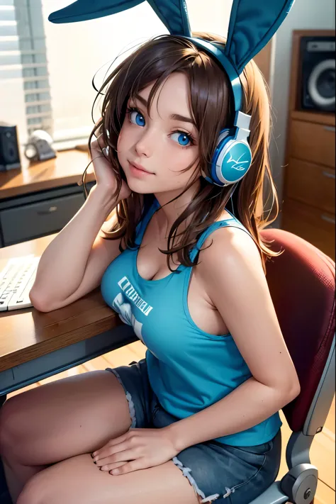 woman, brown hair, messy hair, blue eyes, large breasts, dolphin shorts, tank top, (sitting in desk chair leaning forward onto d...