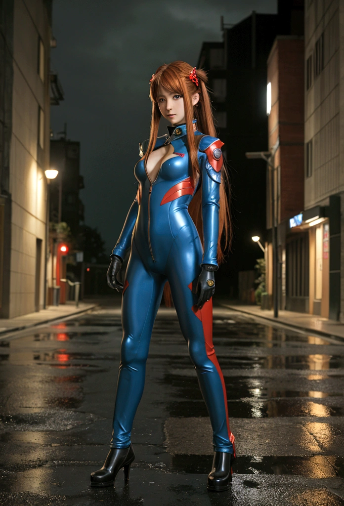 best quality, masterpiece, realistic, photorealistic, 1girl, solo, looking at viewer, full body, standing, long hair, asuka cosplay costume, cosplay, plugsuit, bodysuit, hair ornament, detailed background, in street, night, light, rain, 