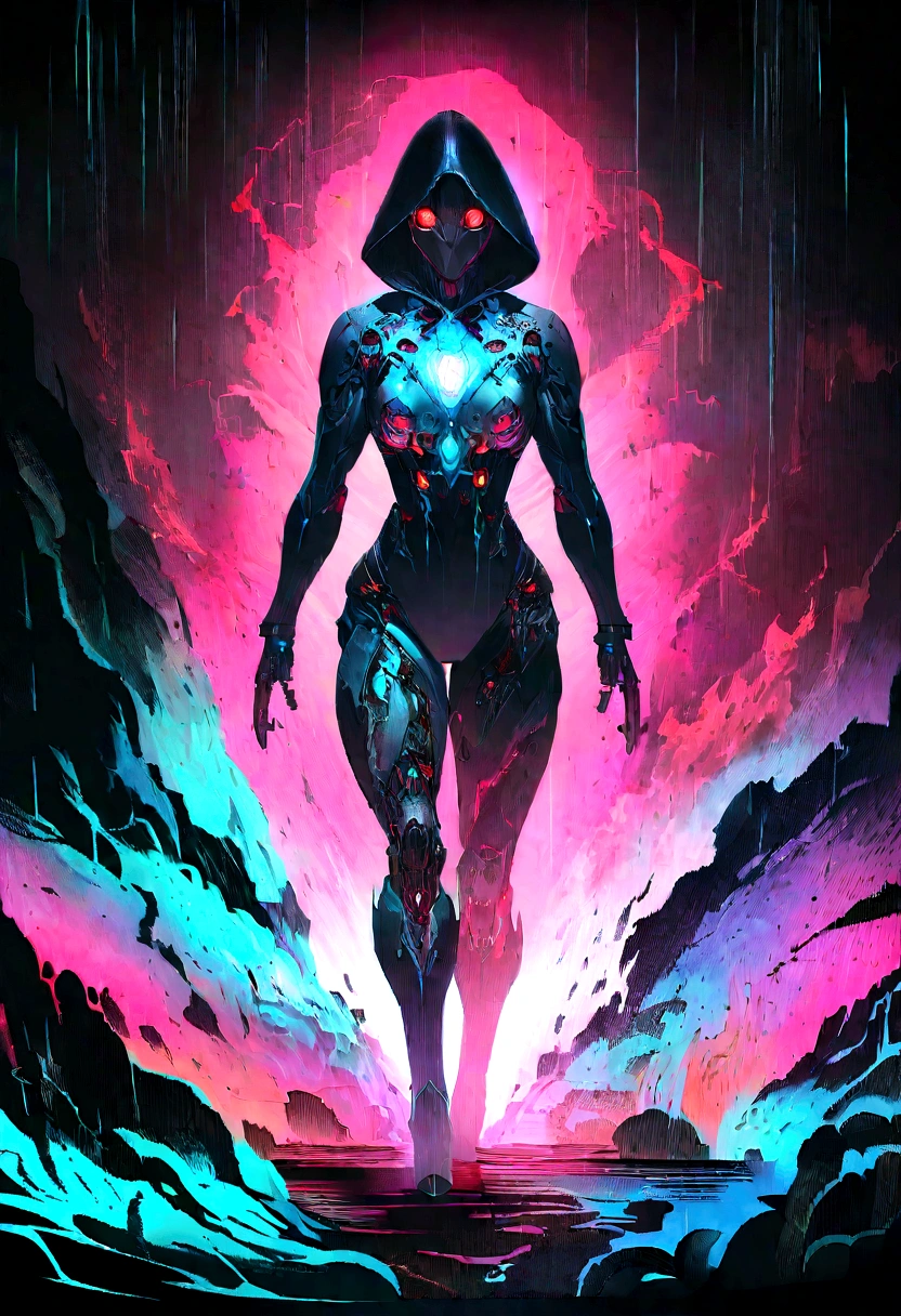 masterpiece, cyborg, The body is glamorous、, Wearing a hood, Shrouded in shadow, , Positano colours, Completely in frame, whole body, Emits electrical energy, whole body, Beautiful anime waifu style man, Ultra-detailed CG paintings, Luminism, Art by Kahn Griffith and Vadim Kashin Concept Art, 8K resolution, Fractal isometric details Bioluminescence , complicatedly detailed , Cinematic, trending on art station Isometric Centered hyper Realistic cover photo awesome full color,  Grainy, Realistic, complicated, Hit definition , Cinematic, Bold, Vibrant, amazing, Super high quality model、Being pelted by rain in the dark、Controlling Lightning、Red eyes