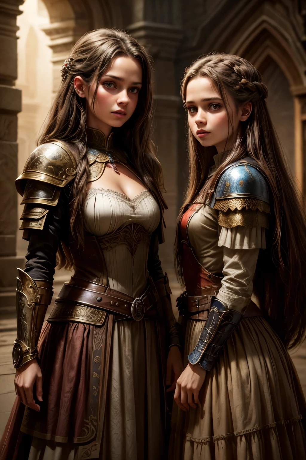  two sisters 15 years old and 13 years old, highly detailed, vibrant colors, dramatic lighting, fantasy art style, digital painting, cinematic composition, epic scale, masterpiece, award winning, warrior dress, 8k, photorealistic