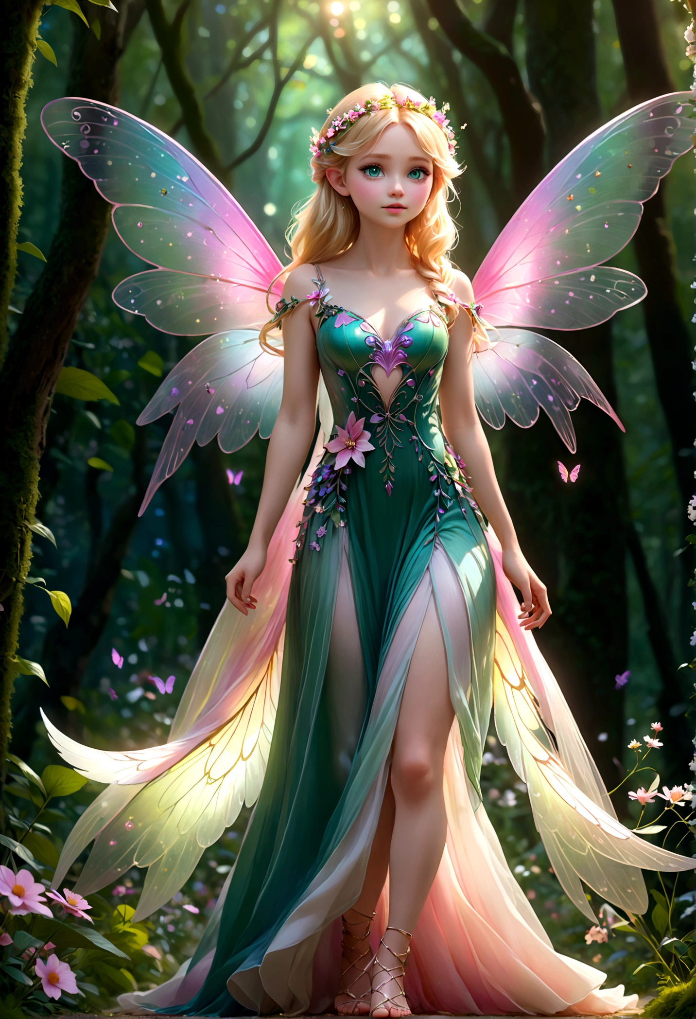 Full body shot of (a stunning fairy) with {blonde} hair and with cute face, beautiful innocent green eyes, (((delicate transparent big colorfull wings))), (fairy forest bokeh),wearing a long, translucent, white and light pink silk dress, decorated with tiny colorful flowers,  delicate feet walking thru a flowery path, perfect composition, hyperrealistic, super detailed, 8k, high quality, trending art, trending on artstation, sharp focus, studio photo, intricate details, highly detailed, by greg rutkowski