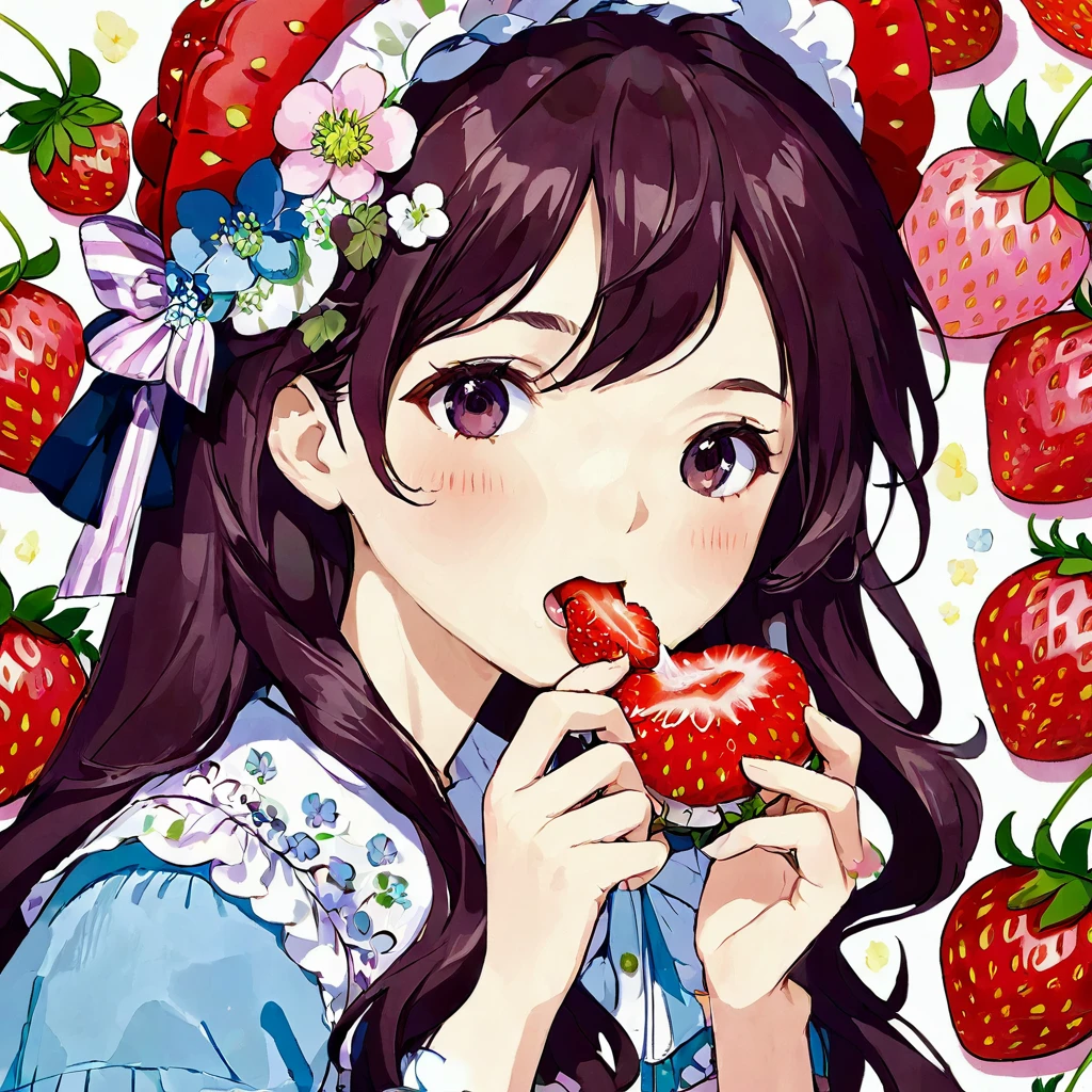 Menina comendo morango。anime