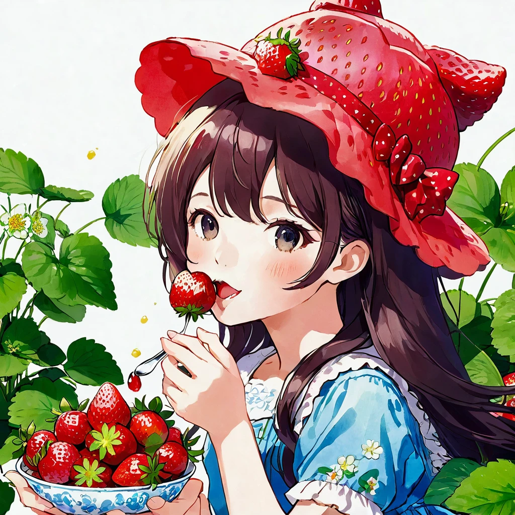 Fille mangeant des fraises。animé