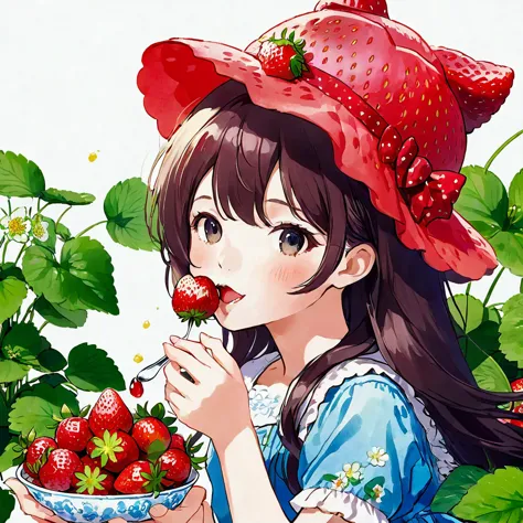Girl eating strawberry。アニメ