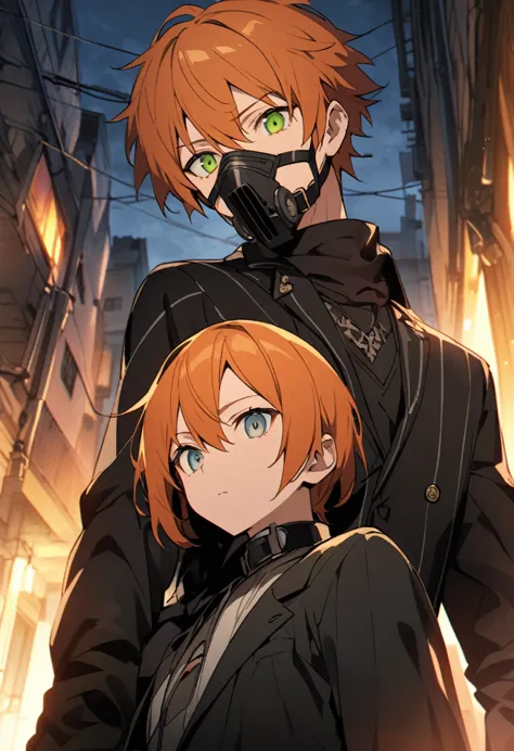 one man、beautiful eyes、orange hair、green eyes、ハイライトのbeautiful eyes、evening、dark back alley、holding a gun、pistol、black suit、long ...