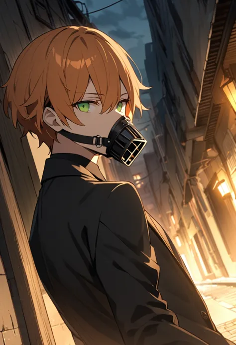 one man、beautiful eyes、orange hair、green eyes、ハイライトのbeautiful eyes、evening、dark back alley、holding a gun、pistol、black suit、long ...