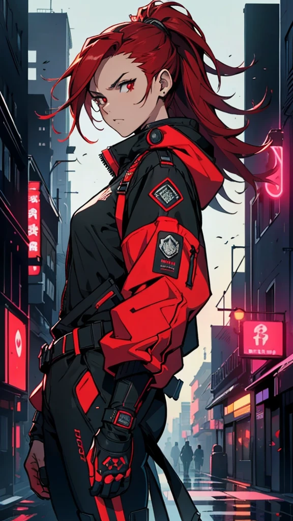 (masterpiece, best quality, Detailed), detailed face. A cinematographic scene of a serious badass long red hair girl, red eyes, with black techwear clothes, Neon lights and buildings background.
