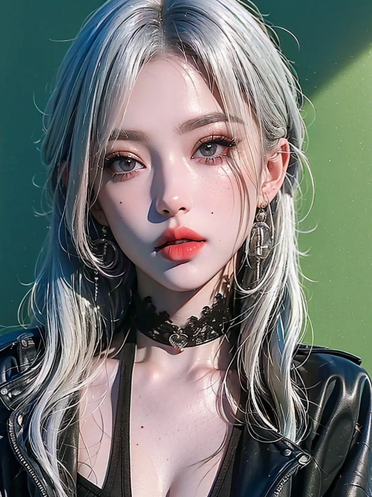 1girl, alone, solitary, high quality, (best quality,4k,8k,highres,masterpiece:1.2),ultra-detailed,(realistic,photorealistic,photo-realistic:1.37),gorgeous hair,white hair,short hair with bangs,sharp eyes,mole under the eye,plump lips,jewelry,(high detailed skin:1.4),(rim lighting:1.3),(lit:1.3),(sunny day:1.3),portrait,beautiful lips,bob haircut,seductive gaze,moles,casual clothes,colorful clothing,close up,bob hair,choker necklace,light eyes,bangs,fringe,dimples on the cheeks,dimples,platinum white hair,whitehair,platinum blonde hair,black,red lips,red lipstick,round lips,round pouty lips,pouty lips,douyin makeup,sparkly makeup,glitter,contact lenses,blue,green,pink,purple,wine red,highlights,braids,colored highlights,beanies,braided,pigtails