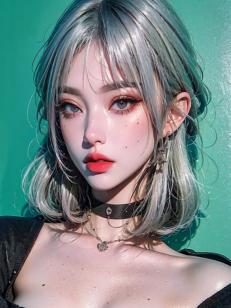 1girl, alone, solitary, high quality, (best quality,4k,8k,highres,masterpiece:1.2),ultra-detailed,(realistic,photorealistic,photo-realistic:1.37),gorgeous hair,white hair,short hair with bangs,sharp eyes,mole under the eye,plump lips,jewelry,(high detailed skin:1.4),(rim lighting:1.3),(lit:1.3),(sunny day:1.3),portrait,beautiful lips,bob haircut,seductive gaze,moles,casual clothes,colorful clothing,close up,bob hair,choker necklace,light eyes,bangs,fringe,dimples on the cheeks,dimples,platinum white hair,whitehair,platinum blonde hair,black,red lips,red lipstick,round lips,round pouty lips,pouty lips,douyin makeup,sparkly makeup,glitter,contact lenses,blue,green,pink,purple,wine red,highlights,braids,colored highlights,beanies,braided,pigtails