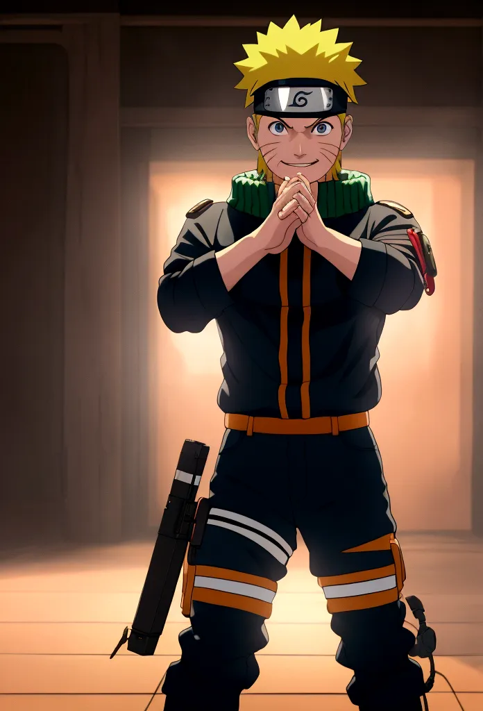 Naruto Uzumaki, outfit soldier, green helmet soldier, dirty, smile, (objetivo principal aqui) + (adjwtivo 1 aqui) + (adjetivo 2 ...