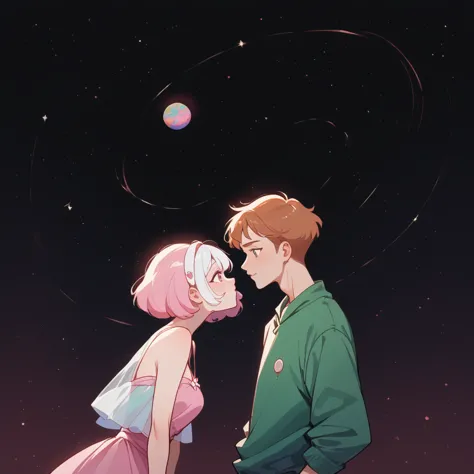 they are поцелуи in front of a galaxy and big planet ночью, big pink planet in the background, поцелуи together cutely, couple п...