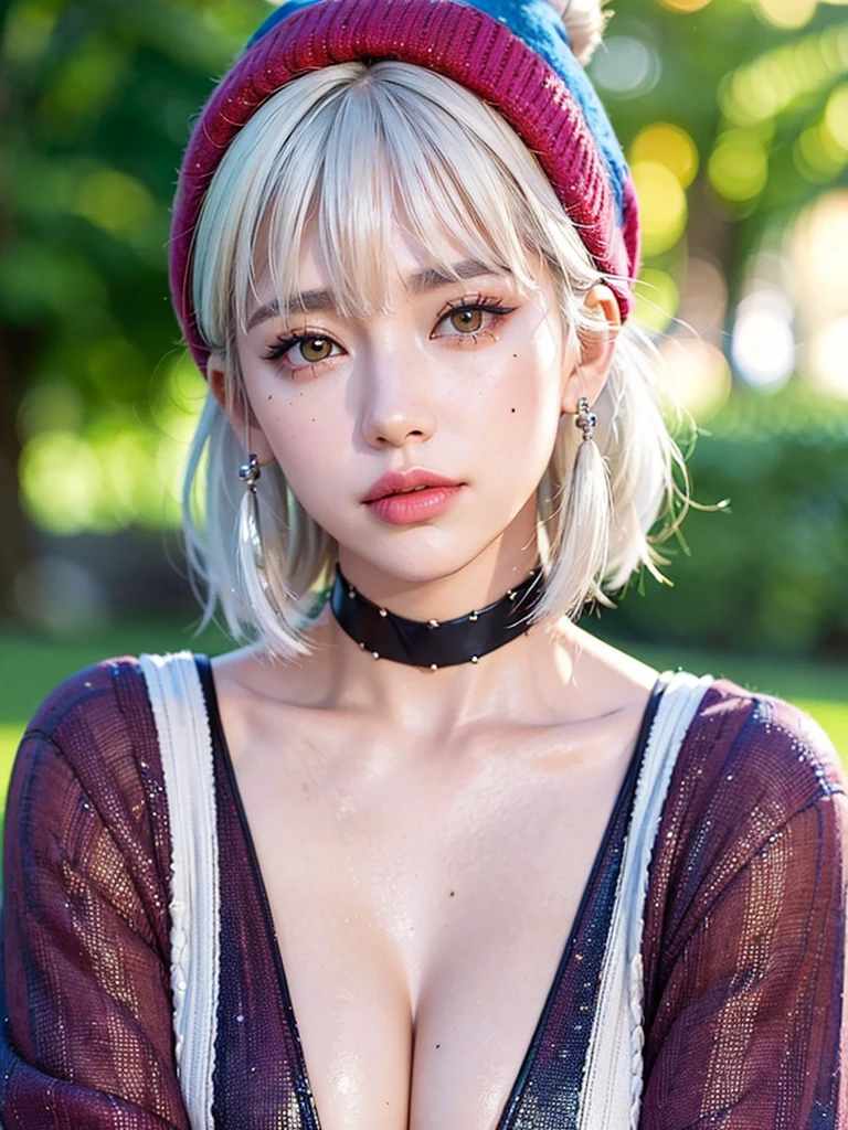 1girl, alone, solitary, high quality, (best quality,4k,8k,highres,masterpiece:1.2),ultra-detailed,(realistic,photorealistic,photo-realistic:1.37),gorgeous hair,white hair,short hair with bangs,sharp eyes,mole under the eye,plump lips,jewelry,(high detailed skin:1.4),(rim lighting:1.3),(lit:1.3),(sunny day:1.3),portrait,beautiful lips,bob haircut,seductive gaze,moles,casual clothes,colorful clothing,close up,bob hair,choker necklace,light eyes,bangs,fringe,dimples on the cheeks,dimples,platinum white hair,whitehair,platinum blonde hair,black,red lips,red lipstick,round lips,round pouty lips,pouty lips,douyin makeup,sparkly makeup,glitter,contact lenses,blue,green,pink,purple,wine red,highlights,braids,colored highlights,beanies,braided,pigtails