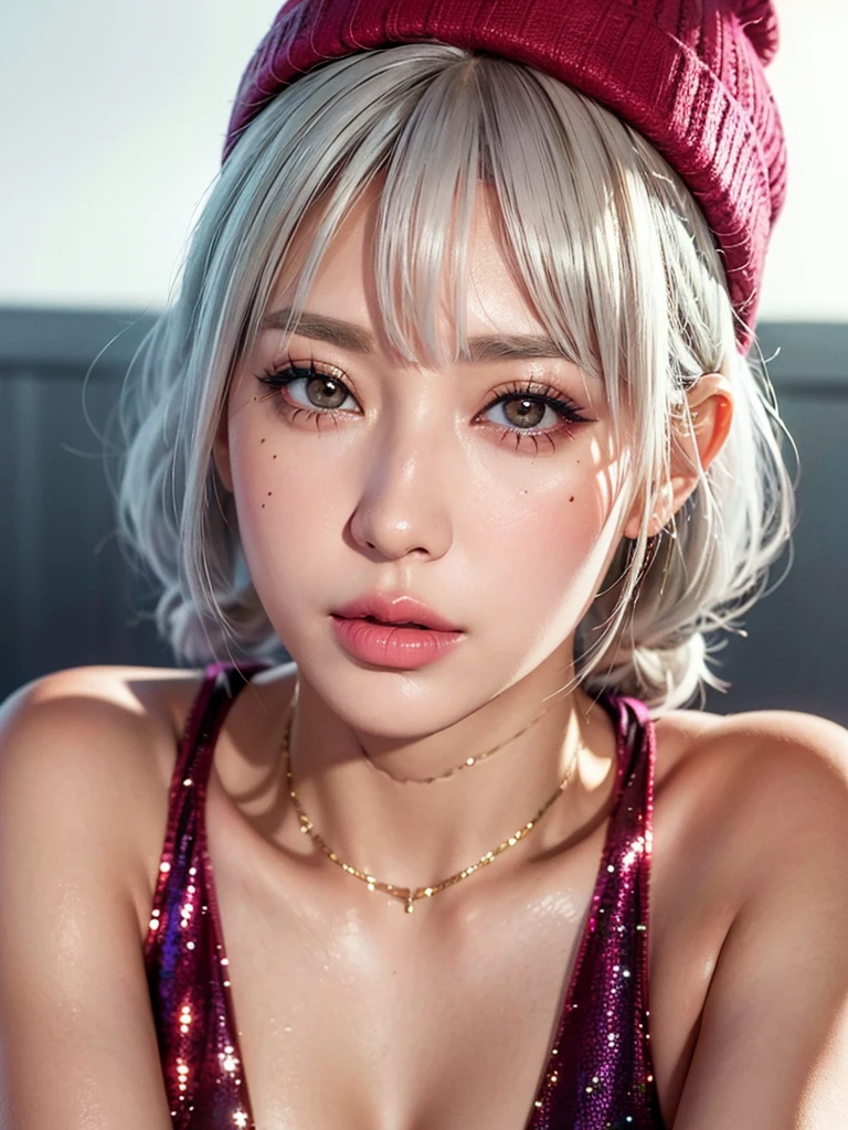 1girl, alone, solitary, high quality, (best quality,4k,8k,highres,masterpiece:1.2),ultra-detailed,(realistic,photorealistic,photo-realistic:1.37),gorgeous hair,white hair,short hair with bangs,sharp eyes,mole under the eye,plump lips,jewelry,(high detailed skin:1.4),(rim lighting:1.3),(lit:1.3),(sunny day:1.3),portrait,beautiful lips,bob haircut,seductive gaze,moles,casual clothes,colorful clothing,close up,bob hair,choker necklace,light eyes,bangs,fringe,dimples on the cheeks,dimples,platinum white hair,whitehair,platinum blonde hair,black,red lips,red lipstick,round lips,round pouty lips,pouty lips,douyin makeup,sparkly makeup,glitter,contact lenses,blue,green,pink,purple,wine red,highlights,braids,colored highlights,beanies,braided,pigtails