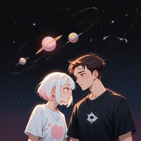 they are поцелуи in front of a galaxy and big planet ночью, big pink planet in the background, поцелуи together cutely, couple п...