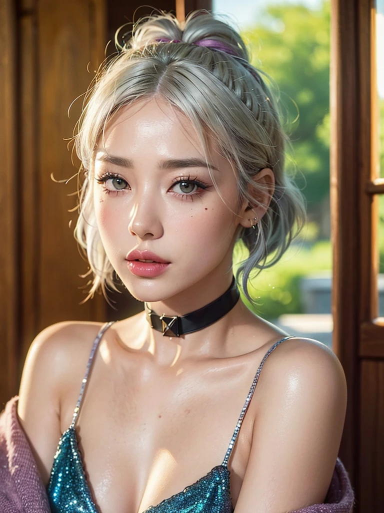 1girl, alone, solitary, high quality, (best quality,4k,8k,highres,masterpiece:1.2),ultra-detailed,(realistic,photorealistic,photo-realistic:1.37),gorgeous hair,white hair,short hair with bangs,sharp eyes,mole under the eye,plump lips,jewelry,(high detailed skin:1.4),(rim lighting:1.3),(lit:1.3),(sunny day:1.3),portrait,beautiful lips,bob haircut,seductive gaze,moles,casual clothes,colorful clothing,close up,bob hair,choker necklace,light eyes,bangs,fringe,dimples on the cheeks,dimples,platinum white hair,whitehair,platinum blonde hair,black,red lips,red lipstick,round lips,round pouty lips,pouty lips,douyin makeup,sparkly makeup,glitter,contact lenses,blue,green,pink,purple,wine red,highlights,braids,colored highlights,braided,pigtails,piercings