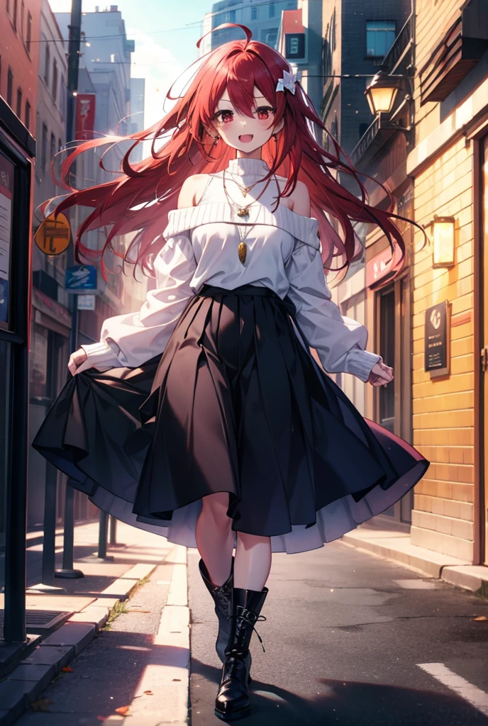 Shana,灼眼のShana,Long Hair, Red Hair, Red eyes,Ahoge,happy smile, smile, Open your mouth,Oversized off-the-shoulder sweater,Bare shoulders,bare clavicle,Bare neck,Locket Necklace,black long skirt,short boots,Daytime,sunny,Walking,whole bodyがイラストに入るように, break outdoors, Building district, break looking at viewer, whole body, break (masterpiece:1.2), Highest quality, High resolution, unity 8k wallpaper, (shape:0.8), (Beautiful attention to detail:1.6), Highly detailed face, Perfect lighting, Highly detailed CG, (Perfect hands, Perfect Anatomy),